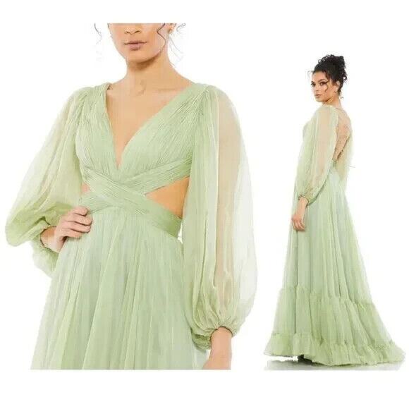 NEW Mac Duggal 67948 Pleated Cut Out Long Sleeve Lace Up Ethereal Sage Gown 8 - Picture 1 of 8